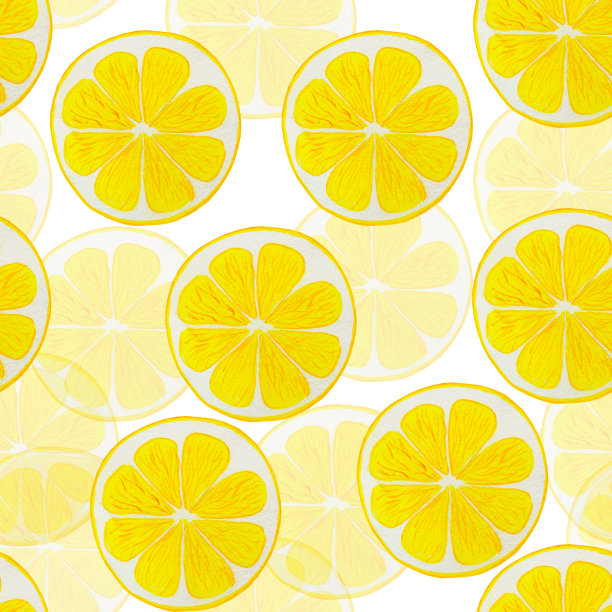 柠檬片圆形水彩无缝图案。无尽的背景黄色柑橘类水果。手绘柠檬水背景。用于织物和墙纸。夏天打印。图片下载