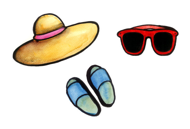 一套三件沙滩配件-帽子，太阳镜，拖鞋。白色背景上的黑色轮廓。图片下载