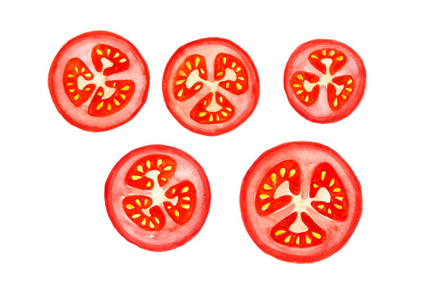 在白色背景上切成圈的西红柿图案。图片下载
