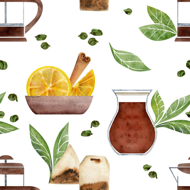 手绘水彩茶具茶柠檬土耳其玻璃陶器肉桂法国压滤机。无缝图案隔离在白色背景。用于邀请函，咖啡厅，餐厅食物菜单，打印，网站，卡片图片下载