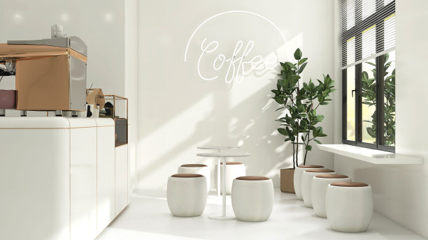 现代韩式咖啡馆的休息区，咖啡和酒吧桌，棕色垫凳椅，光滑的象牙白色圆角柜台与浓缩咖啡机，蛋糕展示，印度橡胶树图片下载