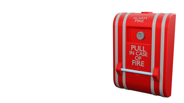 三维渲染火灾报警系统与空空间插图。拉危险消防安全箱。白色背景破红色报警设备探测器图片下载