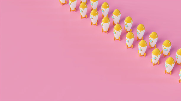 粉红色的舞台上一排排排列着火箭船，小组工作主题图片下载