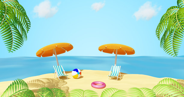 夏季热带景观。海沙甲板椅子伞。三维渲染图片下载