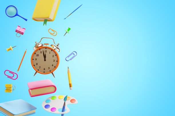 回到学校。闹钟漆书回形针上孤立的蓝色背景。三维渲染图片下载