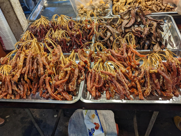 食物和昆虫，准备在老挝万象当地市场吃。当地美食，美味，老挝首都图片下载