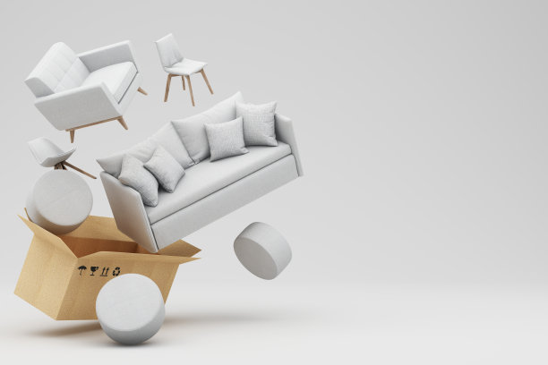 室内设计概念销售家居装饰和家具在促销和折扣期间，它被床，沙发，扶手椅和广告空间横幅包围。白色背景。三维渲染图片下载