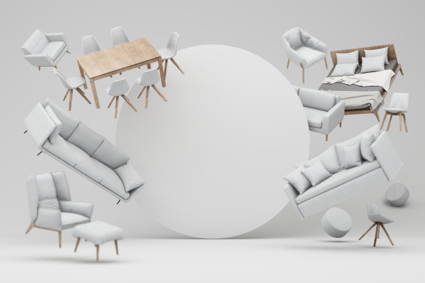 室内设计概念销售家居装饰和家具在促销和折扣期间，它被床，沙发，扶手椅和广告空间横幅包围。白色背景。三维渲染图片下载