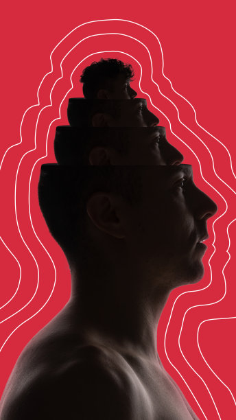 内在的自我。人的头脑中有多种人格。不稳定的灵媒。当代艺术拼贴。图片下载