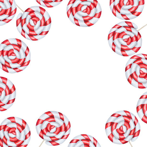水彩框架与圣诞糖果手杖插图。新年手绘棒棒糖孤立在白色背景上。用于设计师、食品装饰、菜单、店铺，用于明信片、包装纸、封面。海报及纺织品图片下载