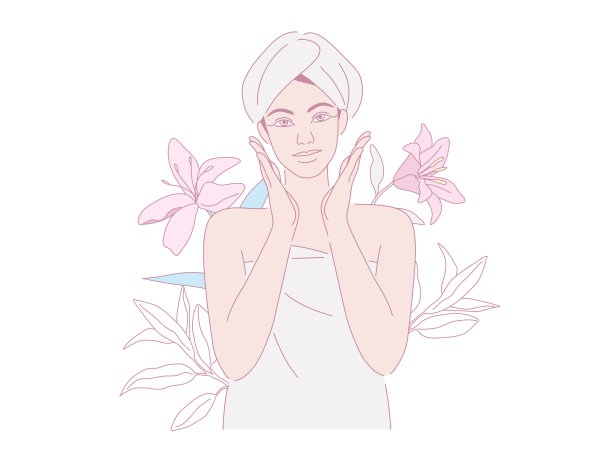 女人在家里用毛巾在她身上做化妆有机化妆品，用叶子和花，美容身体的护理理念。矢量设计插图。图片下载