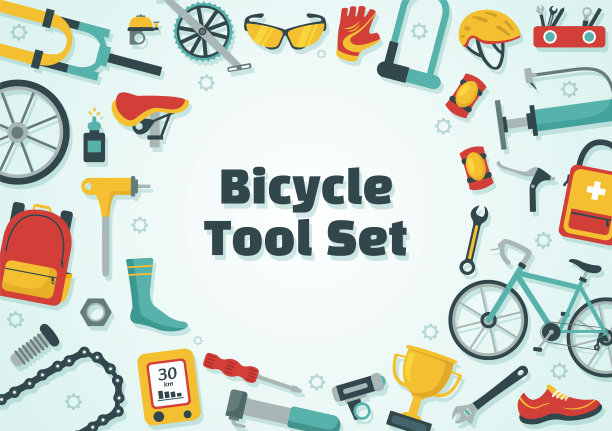 自行车和自行车工具集矢量插图的机械师修理自行车在车间与备件在平面卡通手绘模板图片下载