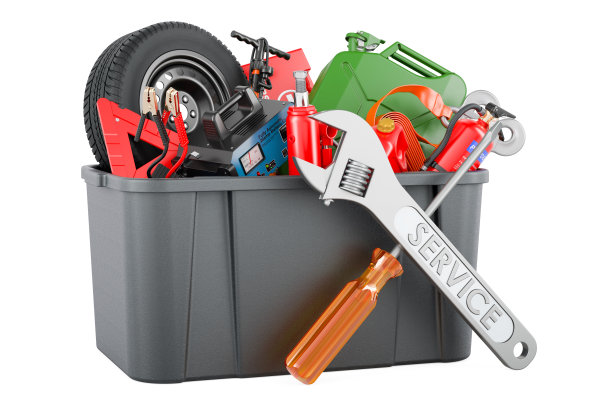 塑料箱装满了汽车工具、设备和配件，配有螺丝刀和扳手，3D渲染图片下载