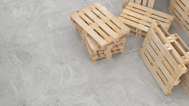 木制运输平台，托盘，随机，混凝土背景，3d渲染图片下载