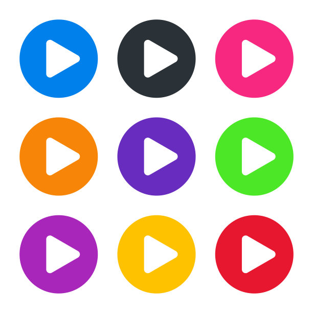 彩色播放按钮在圆形矢量图标设置在平面风格设计孤立的白色背景。图片下载