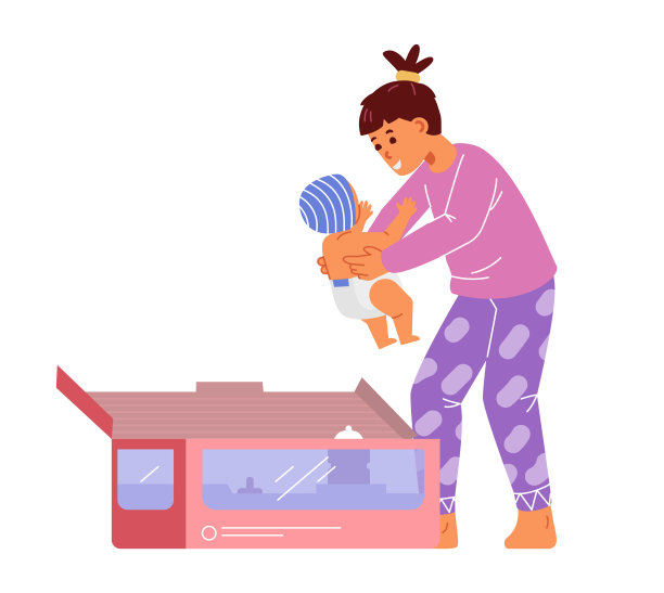 快乐的女孩打开大礼盒与玩具婴儿平面矢量插图孤立的白色。图片下载