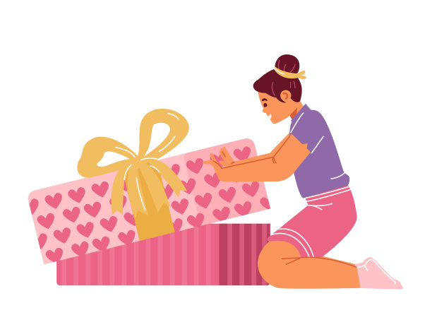 快乐的女孩打开大礼盒平面矢量插图孤立的白色。图片下载