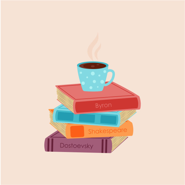 一叠书和咖啡杯孤立的背景。一堆五颜六色的书。手绘教育矢量插图图片下载