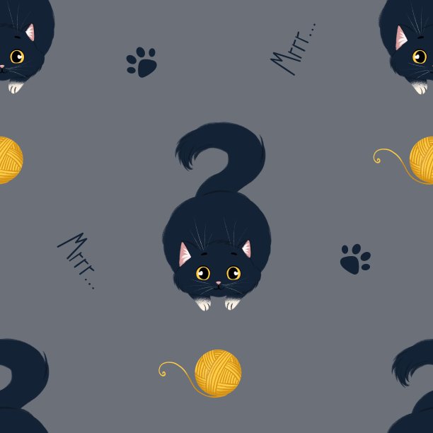 可爱的无缝图案与手绘猫和猫玩具。图片下载