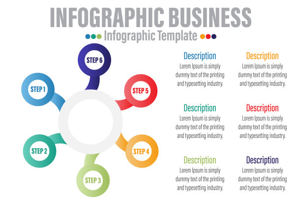 六个6步骤，六个6选项信息图设计模板与圆圈。带有选项的业务概念。对于内容，图表，流程图，步骤，零件，时间线信息图，工作流程布局，图表图片下载