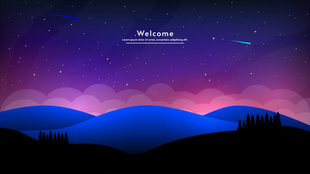 夜景彩灯。卡通2d风格。明亮的光，彗星和星星在黑暗的天空。从森林到山丘的景色。矢量插图。矢量剪影山谷和森林。图片下载