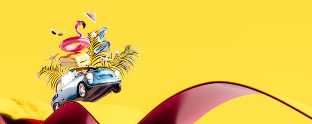 夏季旅游概念。可爱的复古车跳跃与棕榈叶和夏季配件在黄色背景。图片下载