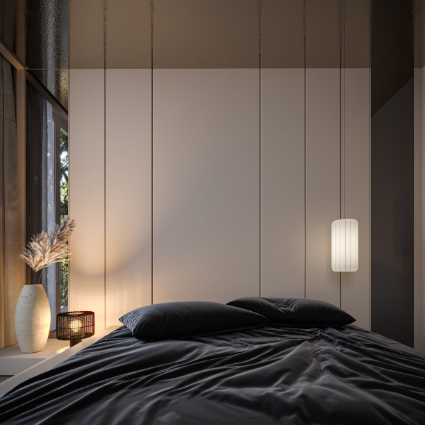 现代卧室室内设计以空白墙为背景。时尚简约的卧室。图片下载