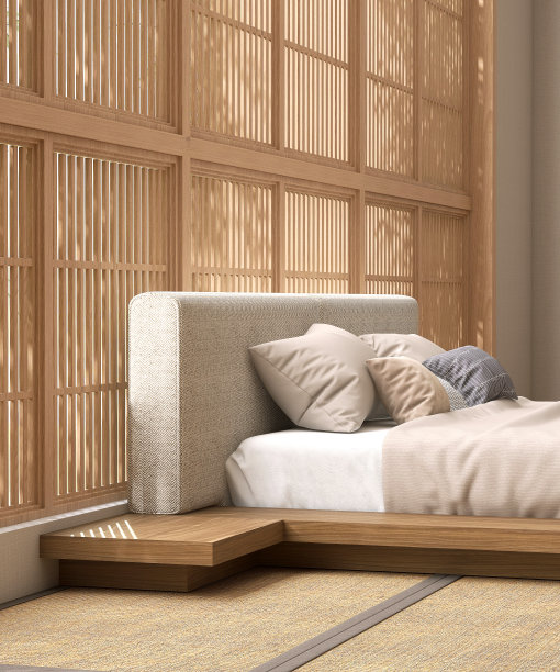 木制日本台床，床头柜，织物床头板，棕色毯子，榻榻米枕头，阳光从shoji窗口和树叶的阴影图片下载