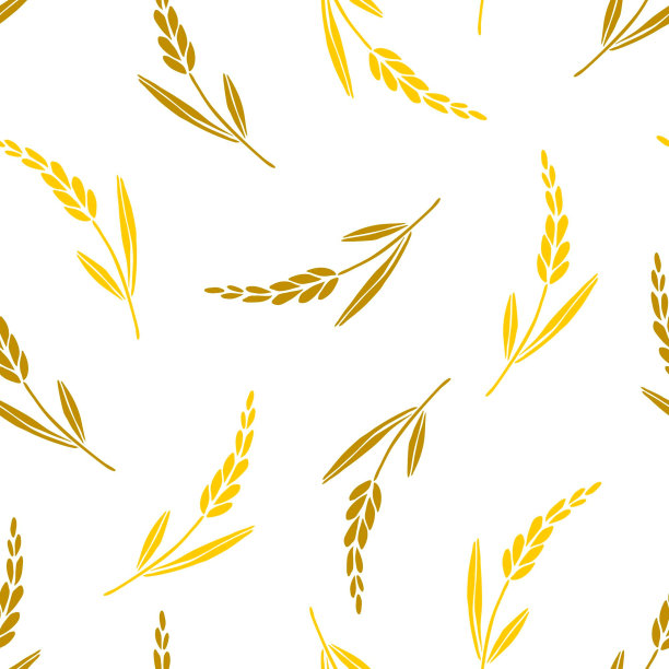 简单的矢量无缝模式。白色背景上金黄色的小麦小穗。用于粮食制品、糕点、面包的包装印刷。面粉制品，面食。图片下载