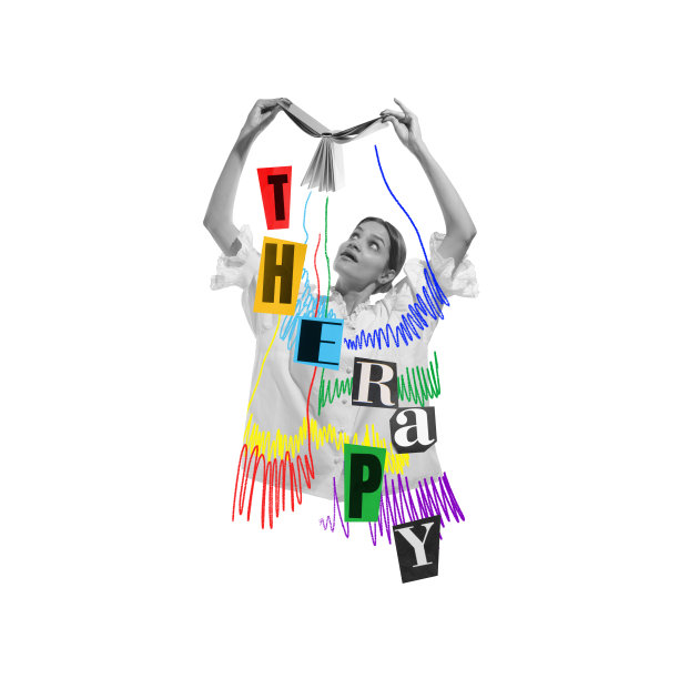 年轻女孩寻求专业帮助，阅读心理学书籍。治疗协助和康复。当代艺术拼贴。图片下载