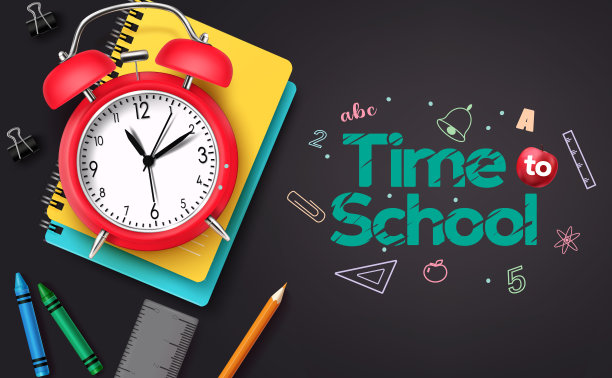 时间到学校文本矢量设计。闹钟和笔记本元素与上学时间文本图片下载