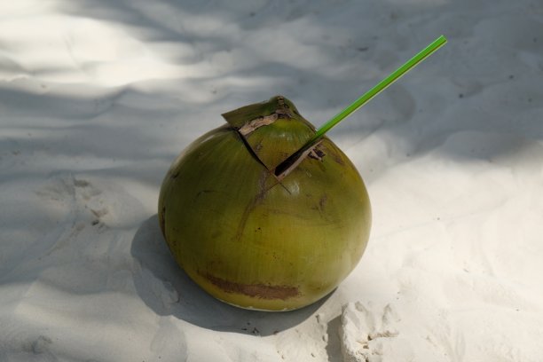 沙滩上的椰子和吸管图片下载