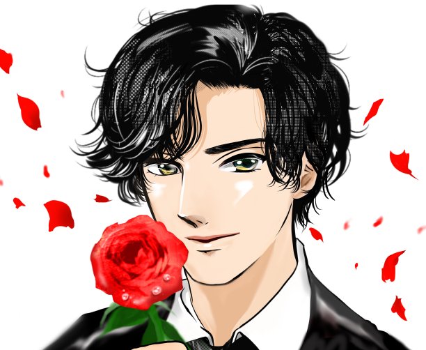 漫画中一位英俊的男子，一头烫过的黑发，微笑着，手里拿着一朵玫瑰，背景为白色图片下载