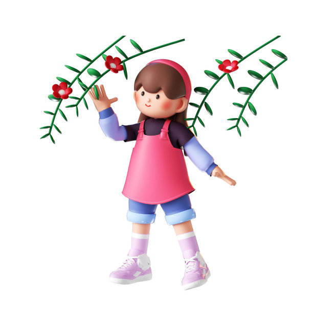 一个欢快的卡通女孩手里拿着鲜艳的花朵的3D渲染插图图片下载