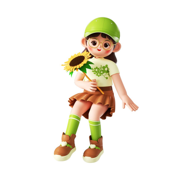 3D渲染插图，一个快乐的卡通女孩手里拿着充满活力的向日葵图片下载
