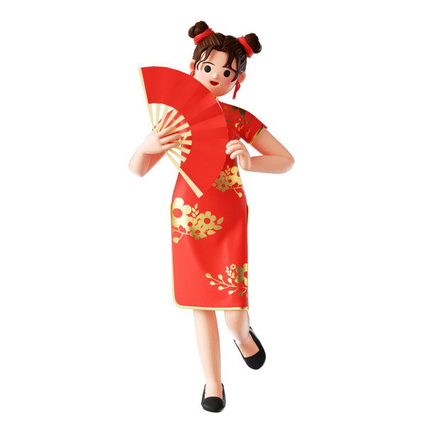 3D渲染的卡通插图，一个开朗的年轻女子穿着传统的中国服装图片下载