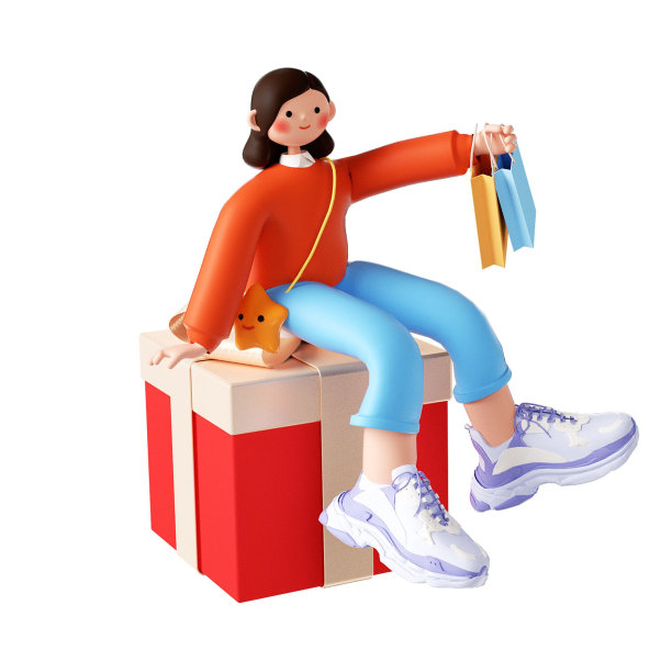 一个快乐的年轻女子购物的3D渲染卡通插图图片下载