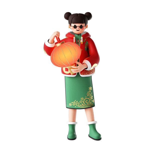 3D渲染的卡通插图，一个开朗的年轻女子穿着传统的中国服装图片下载