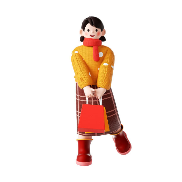 一个快乐的年轻女子购物的3D渲染卡通插图图片下载