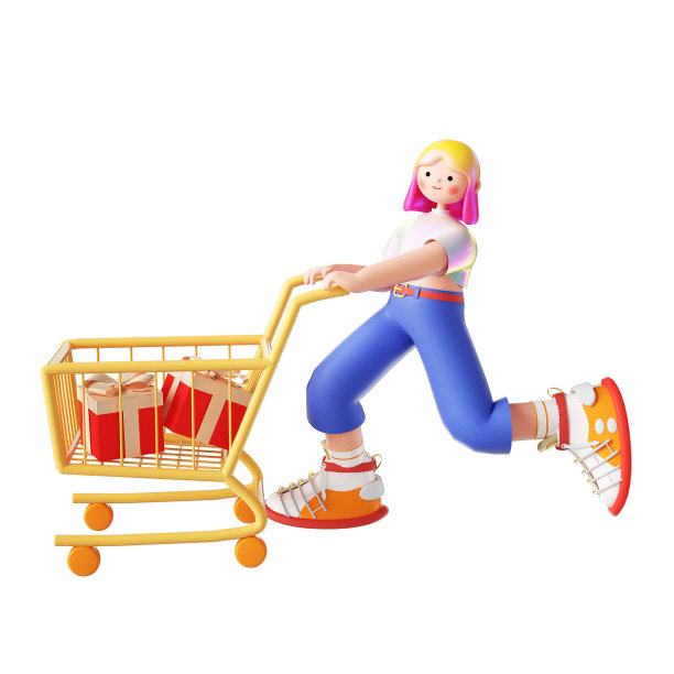 一个快乐的年轻女子购物的3D渲染卡通插图图片下载