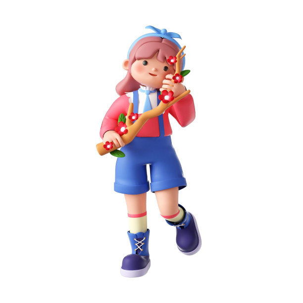 一个欢快的卡通女孩手里拿着鲜艳的花朵的3D渲染插图图片下载