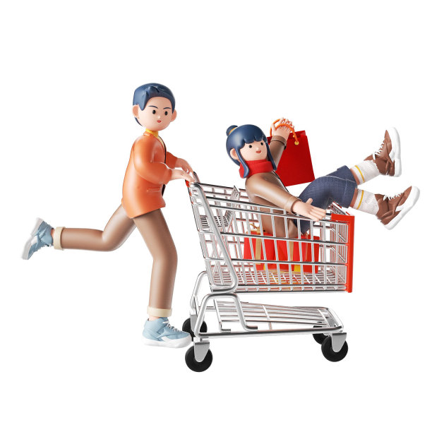 一个年轻的男人和女人一起购物的卡通插图的3D渲染图片下载