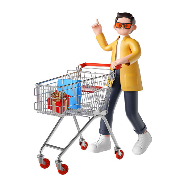 3D渲染的卡通插图，一个快乐的年轻人购物图片下载