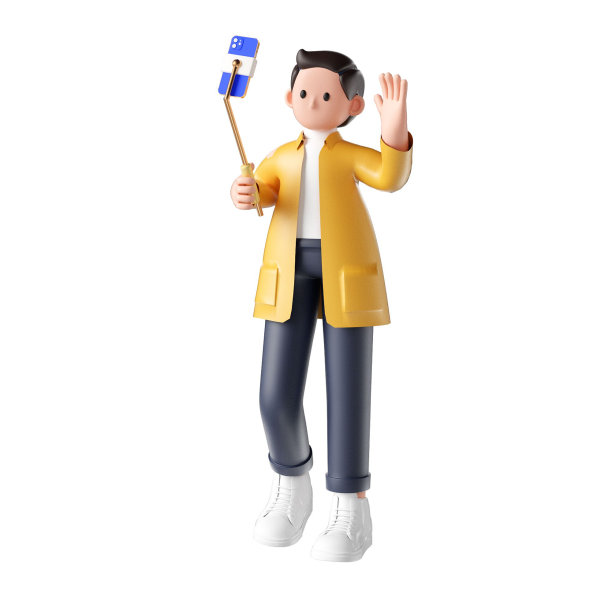 一个兴高采烈的年轻人正在自拍的3D动画插图图片下载