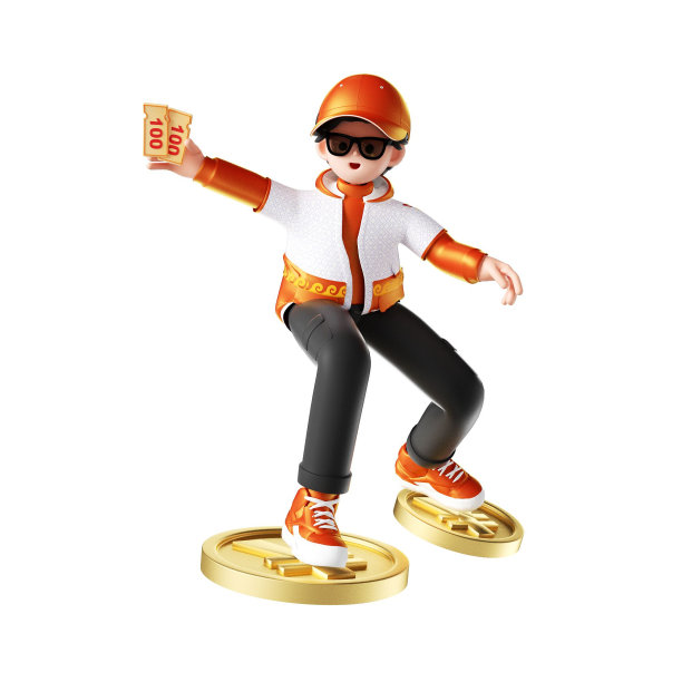 一个人站在硬币上，拿着钱的3D渲染卡通插图图片下载