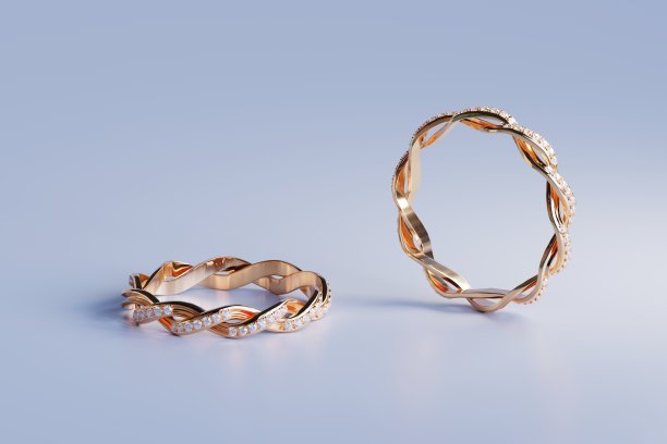 3D渲染设计的黄金扭曲的戒指与钻石周围的戒指在白色的背景。图片下载