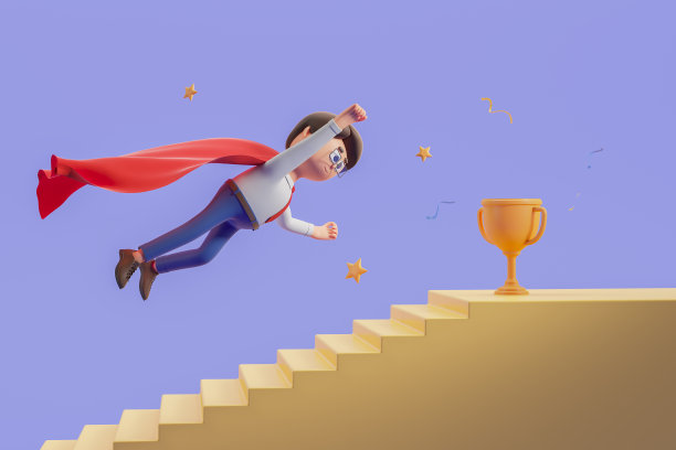 3 d渲染。卡通商人飞向冠军奖杯，目标和奖励图片下载