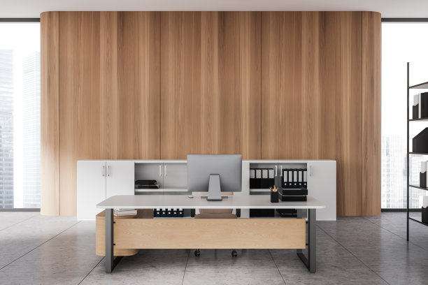 现代ceo室内配有扶手椅和办公桌，窗户和复制空间墙图片下载