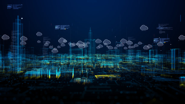 网络安全数字化数据和数据分析背景，城市景观云计算采用人工智能。未来科技互联网和大数据5g连接，3d渲染图片下载