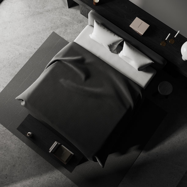 灰色卧室内部的俯视图与床和装饰，睡眠区图片下载